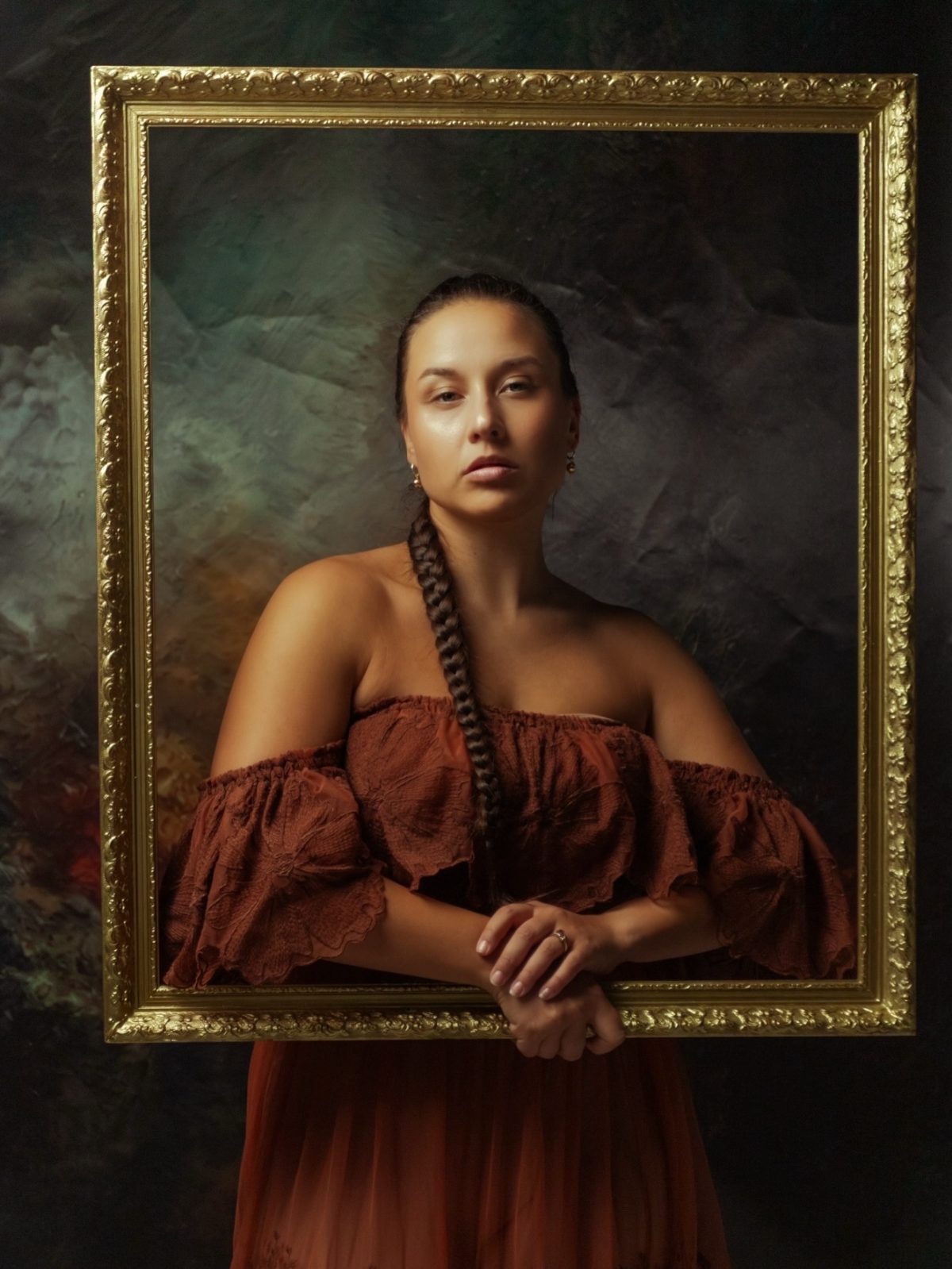 A Brown Ruffled Off-Shoulder Look with an Editorial Finish